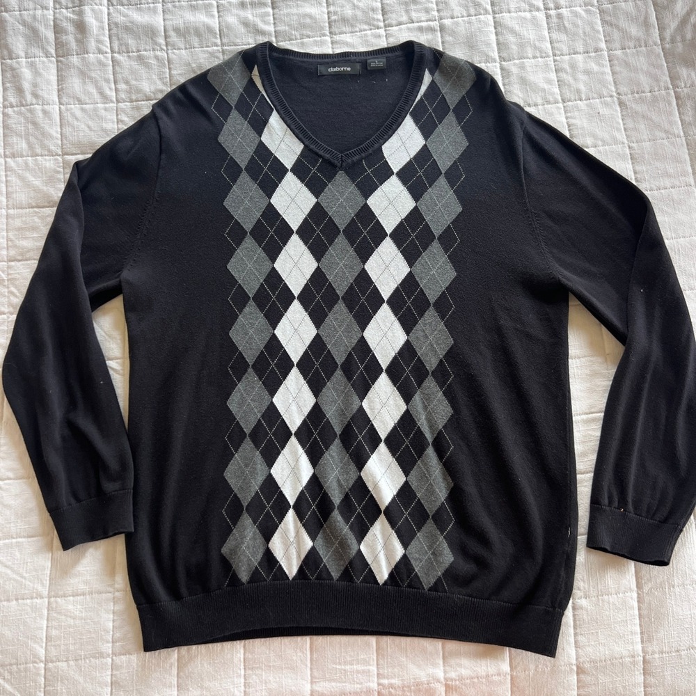 Claiborne Mens Argyle V-Neck Sweater Black Grey White 100% Cotton Large L
